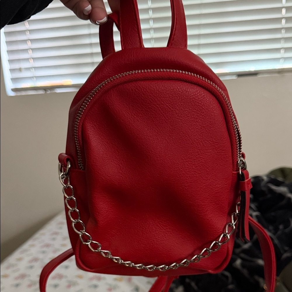 Red Mini Leather Backpack with Chain Accent